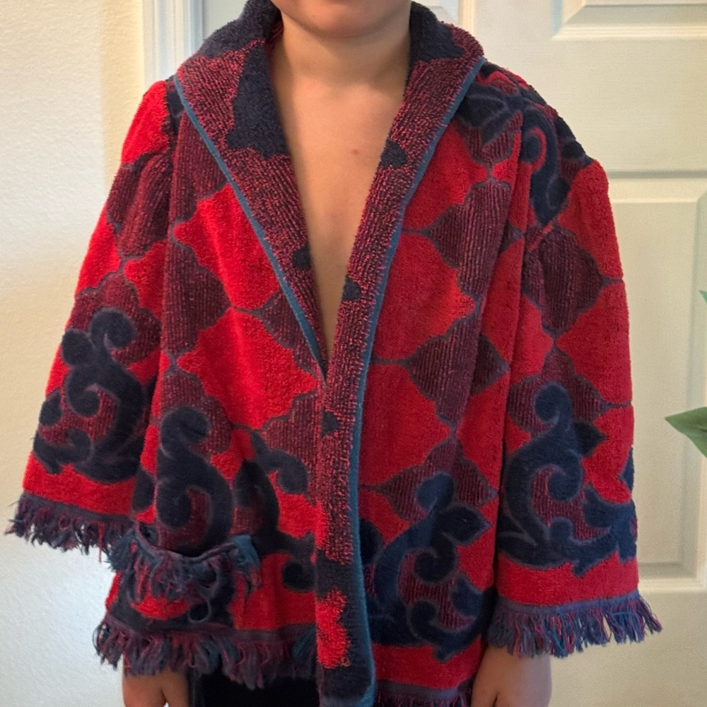 BEACH COVER UP RED BLUE Childs Vintage Towel Jacket Handmade No size ages 4-7?